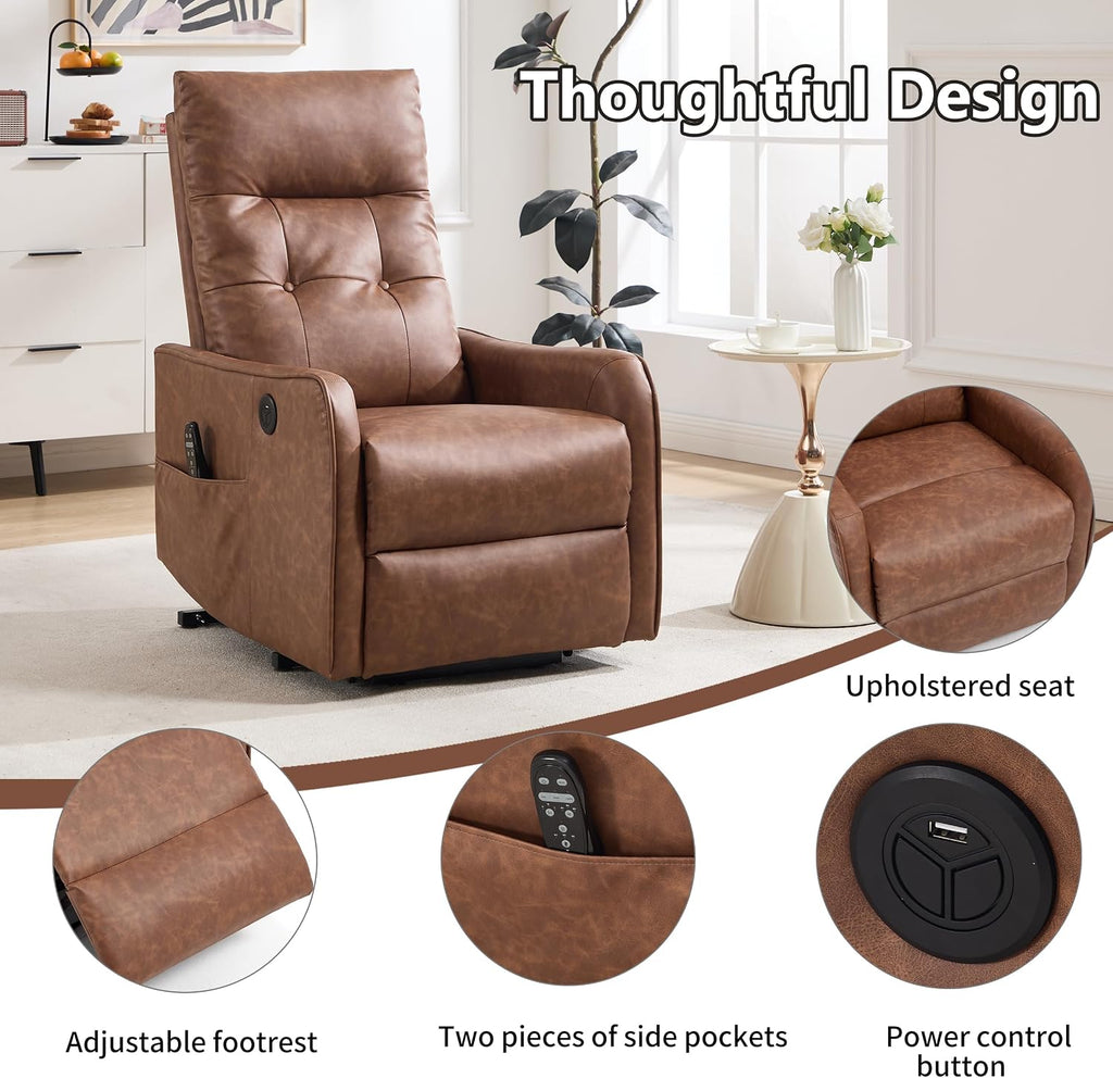 Power Lift Recliner Chair with Vibration Massage and Heat for Petite Elderly, Small Lift Chair with Side Pocket Remote Control, Infinite Position, Faux Leather Brown