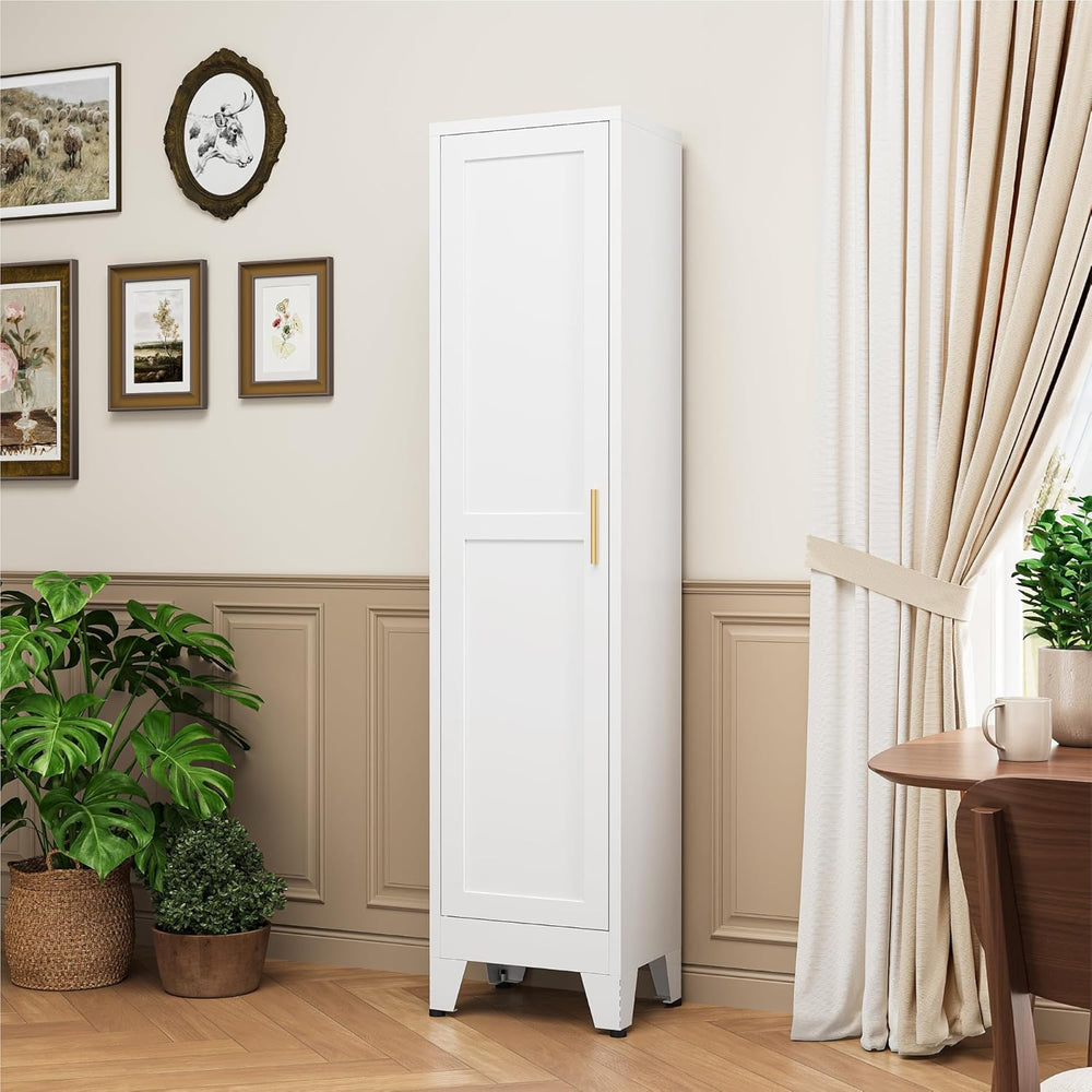 YAUWOH White Narrow Metal Storage Cabinet, Tall Freestanding Cabinet with 4 A...