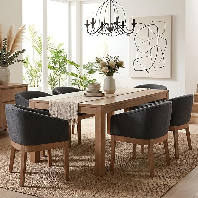 Mid Century Modern Upholstered Barrel Dining Chairs with Arms Set of 6, Farmhouse Linen Kitchen & Dining Room Chairs with Natural Hardwood Frame, 18" W Accent Chairs for Living Room Bedroom, Charcoal