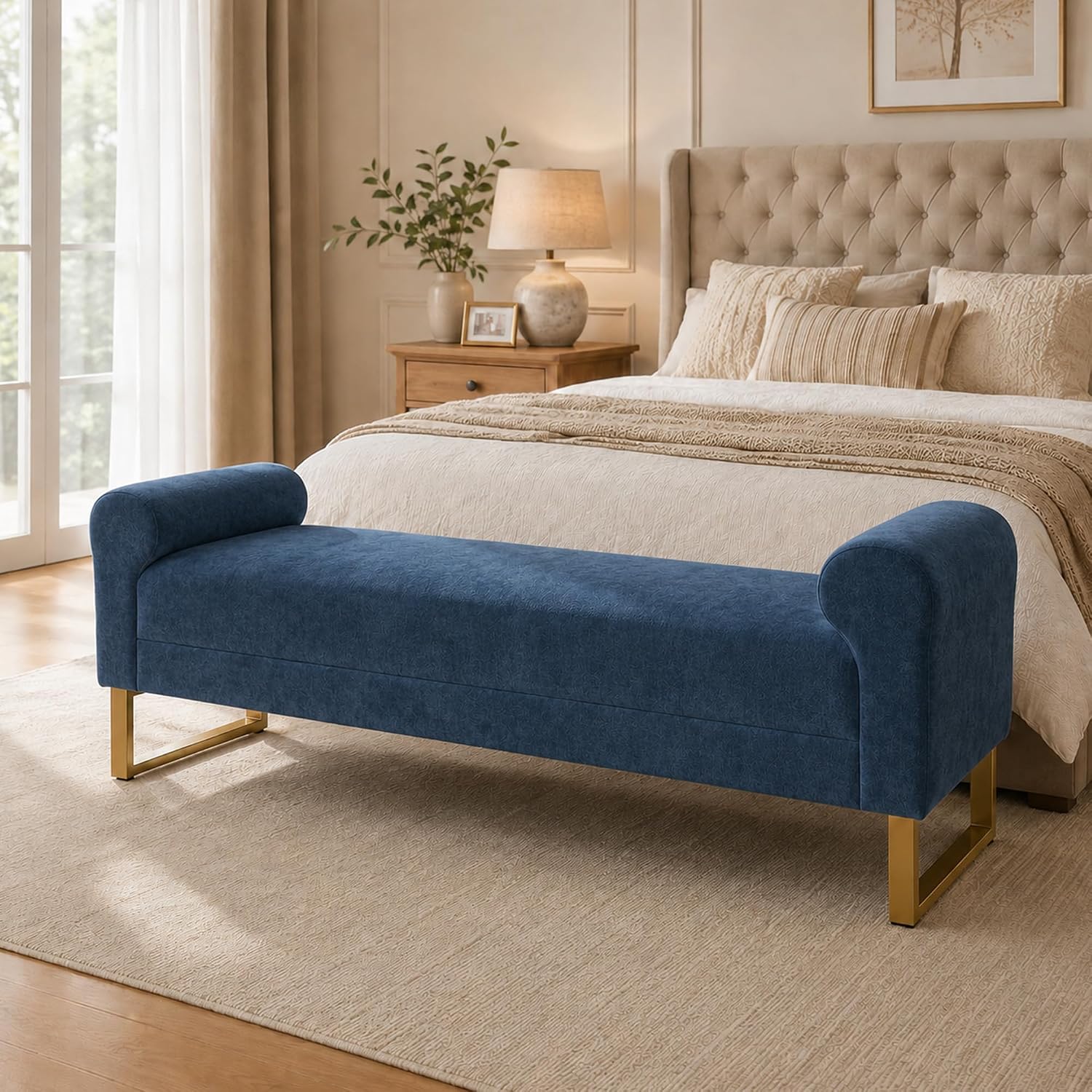 65.75" Storage Ottoman Bench, End of Bed Bench for Bedroom | Hidden Storage, Gold Metal Legs, Chenille Upholstered Seat And Modern Design For Living Room, Entryway Or Window Seating