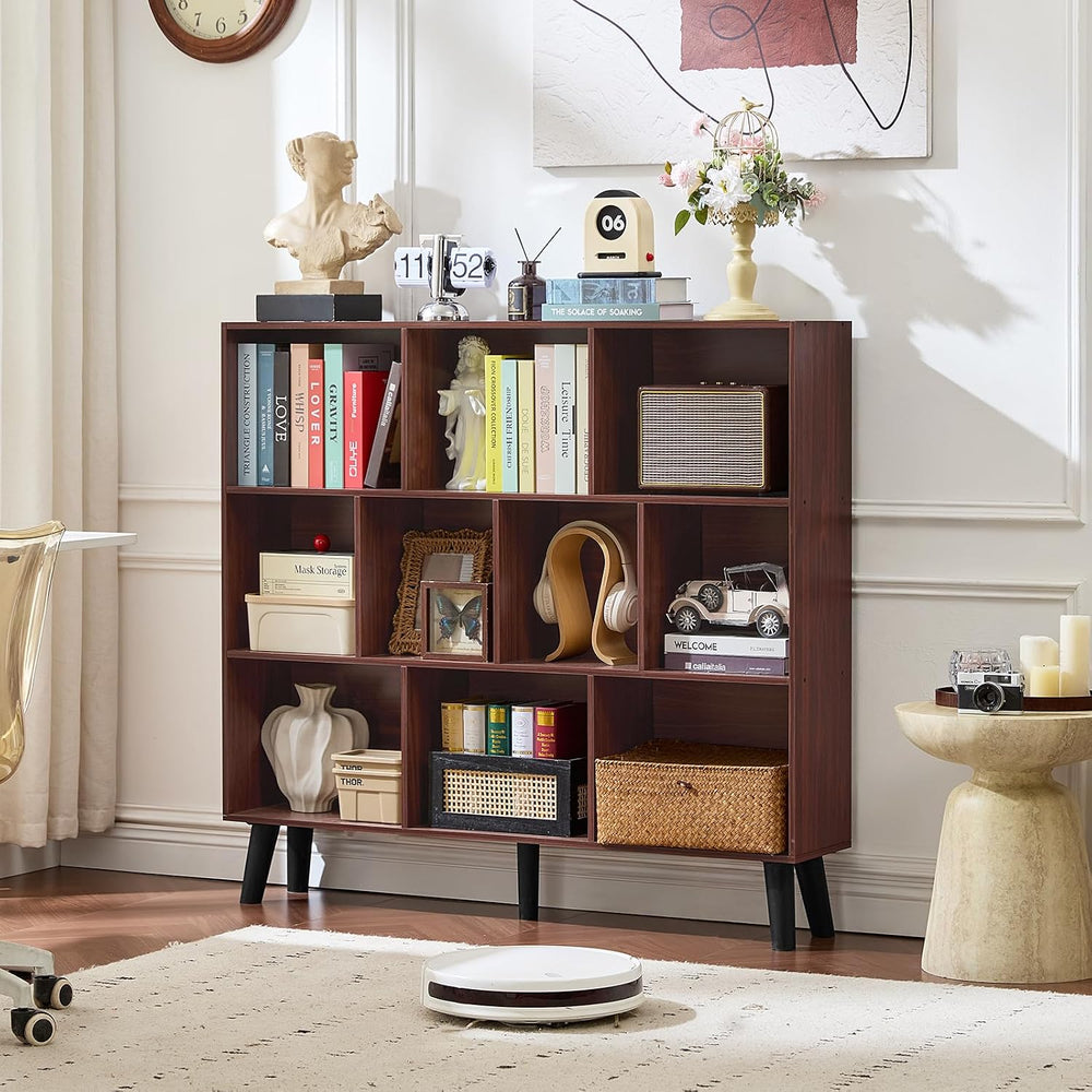 LEYAOYAO 10 Cube Bookshelf, Mid-Century Modern Book Shelf with Legs, Walnut