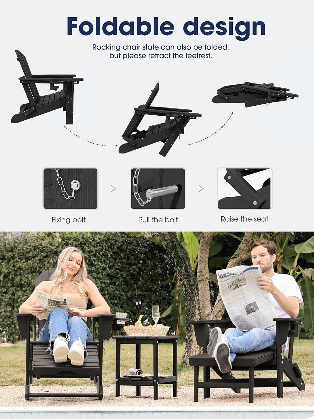 Adirondack Rocking Chair Set of 2 with Retractable Ottoman and Cup Holders, H...