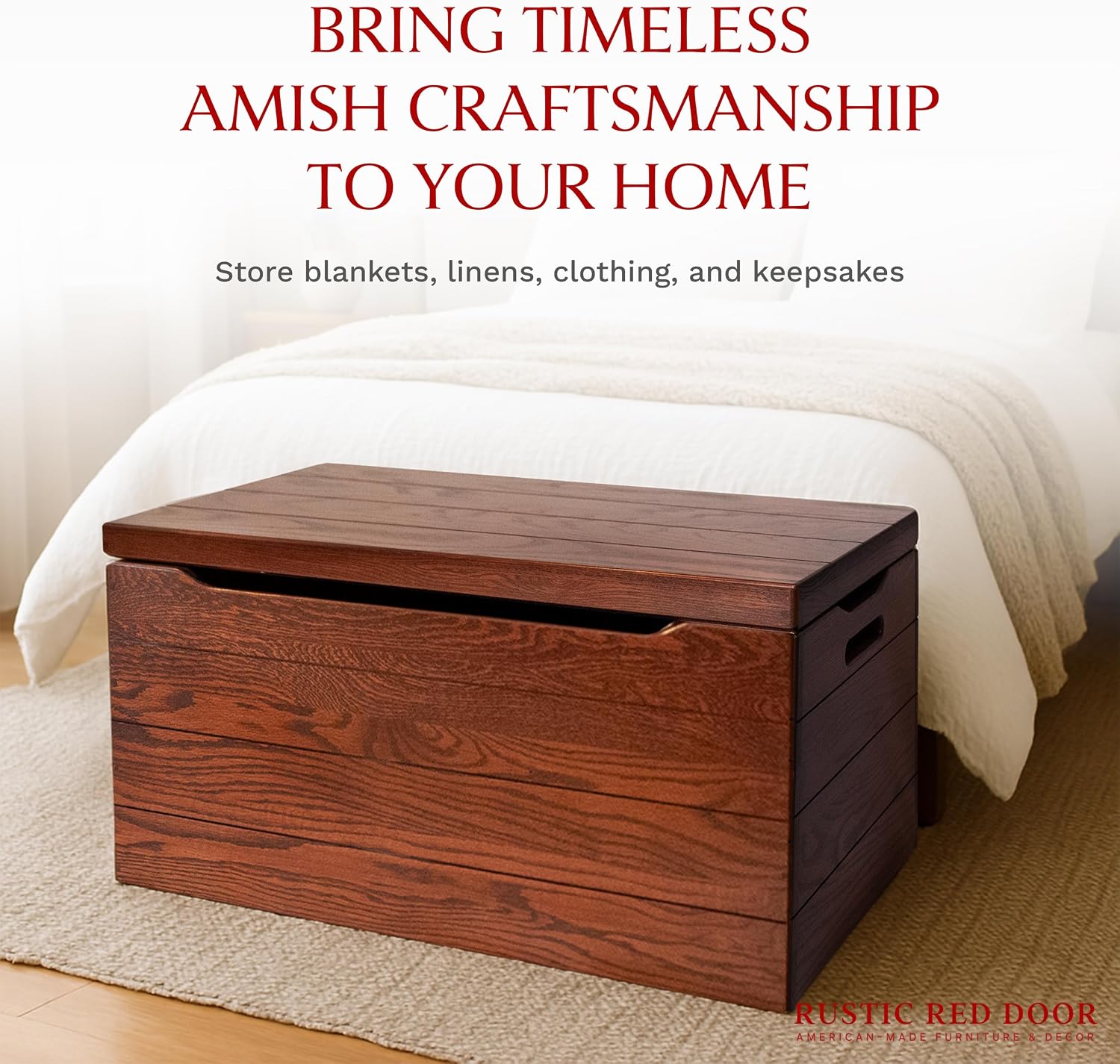 Amish Made Wooden Storage Chest Trunk Box with Lid and Handles for Bedroom, Blanket, Clothes, Anti-Slam Hinges, Handmade, Rustic, Oak Wood, Michaels Stain, 42"
