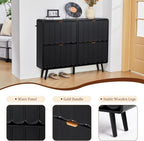 Shoe Storage Cabinet for Entryway with 4 Flip Drawers, Freestanding Narrow Wood Shoe Cabinet with Wave Panel, Hidden Shoe Organizer for Foyer, Hallway (Black)