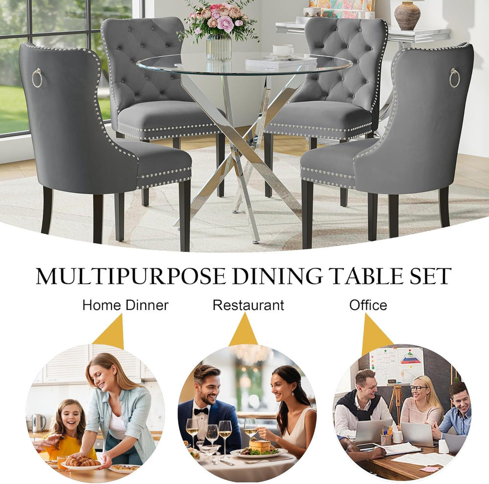 Round Glass Dining Table Set for 4, Modern 36 Inch Glass Kitchen Table with S...