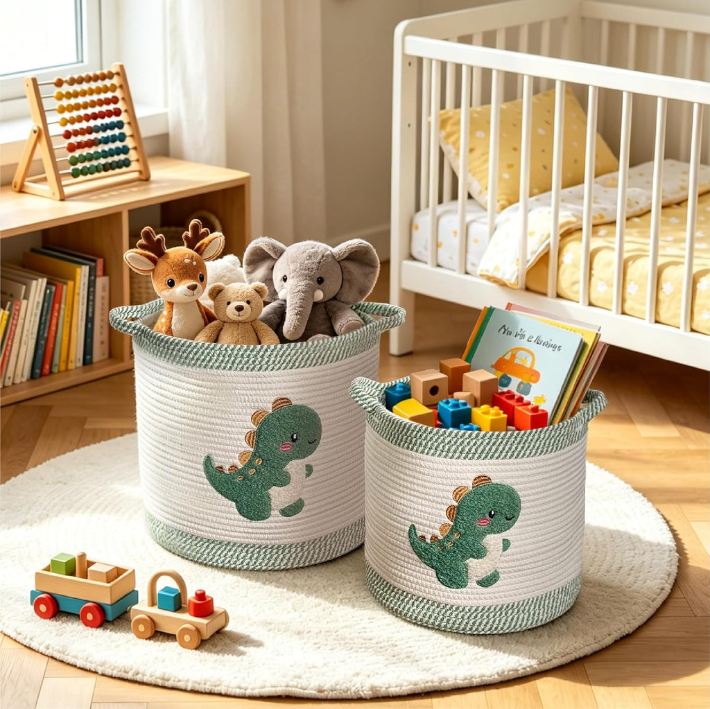 Cute Nursery Bin, Baby Toy Organizer (13.8"x13.8"), Storage Basket for Organizing, Woven Rope Basket for Shelves, Cute Baskets with Handle for Nursery, Playroom (Dinosaur, Large)