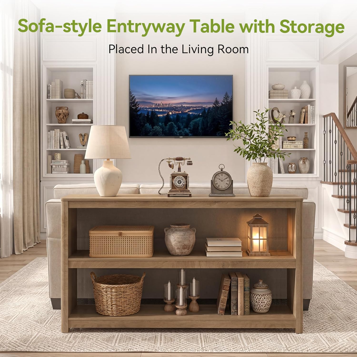LITTLE TREE 63-Inches Console Table, Modern Sofa Table with 3 Storage Shelves, Narrow Entryway Furniture Living Room, Entrance, Hallway, Foyer, Brown
