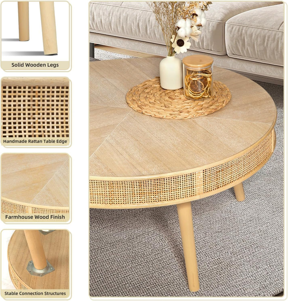 RUSTOWN 2-Piece Farmhouse Coffee Table, Modern Round Rattan Side Tables | Rus...