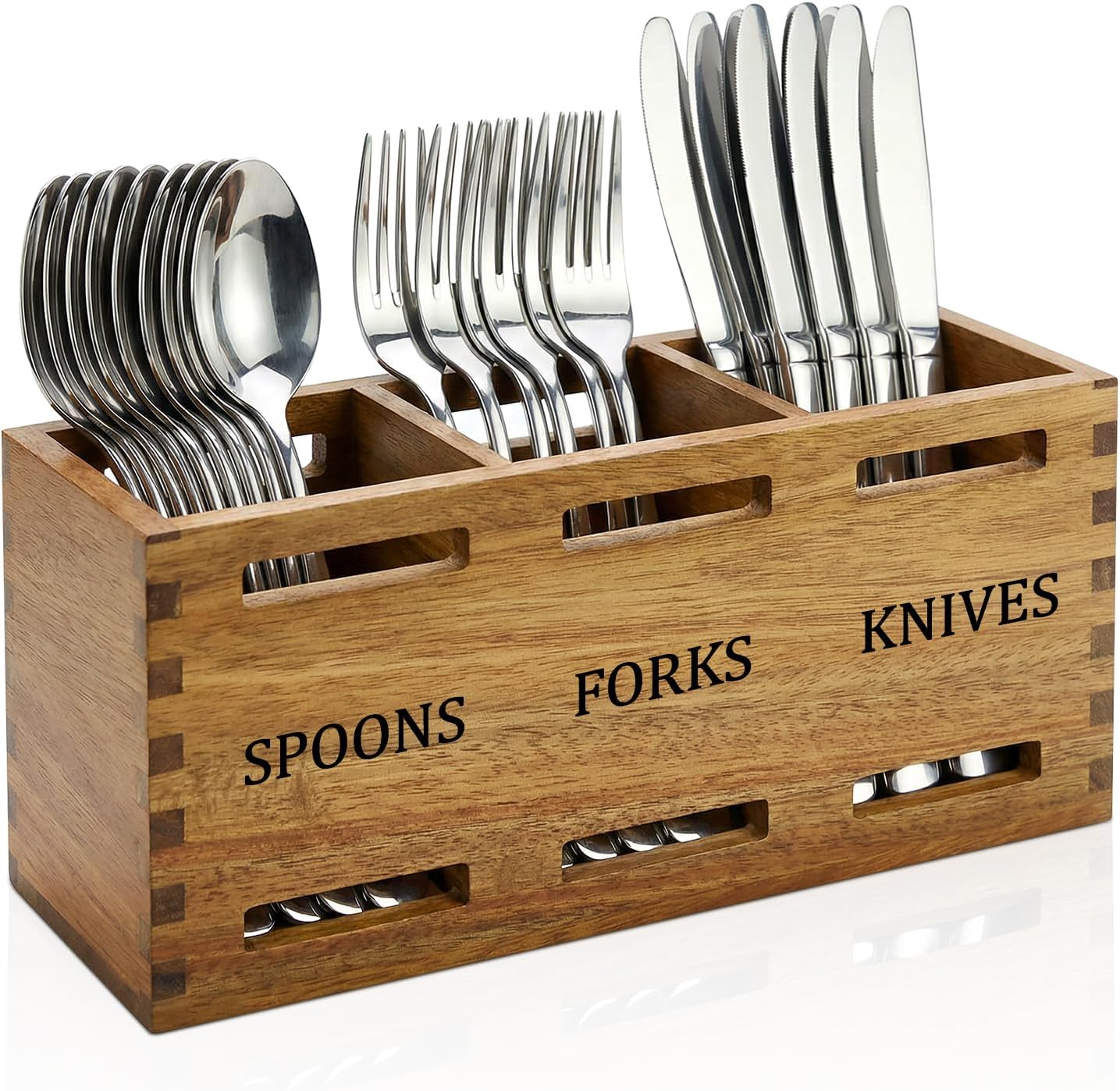 Flatware Silverware Caddy Party Acacia Wood Cutlery Utensil Holder Counter | Small Wooden Cutlery Silverware Organizer Table Spoon and Fork Holder Picnic Utensil Caddy Farmhouse Kitchen Decor