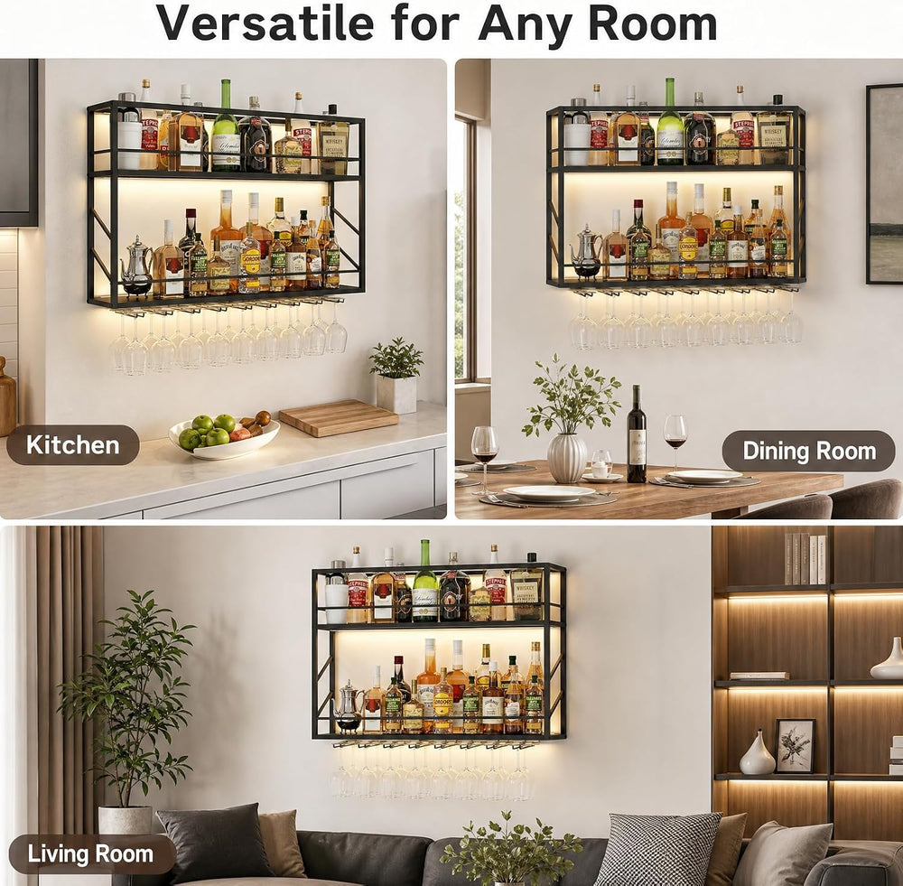 2-Tier Wall Mounted Wine Rack with LED, 31.5”W x 7.8”D x 26”H | Metal Bar Liq...