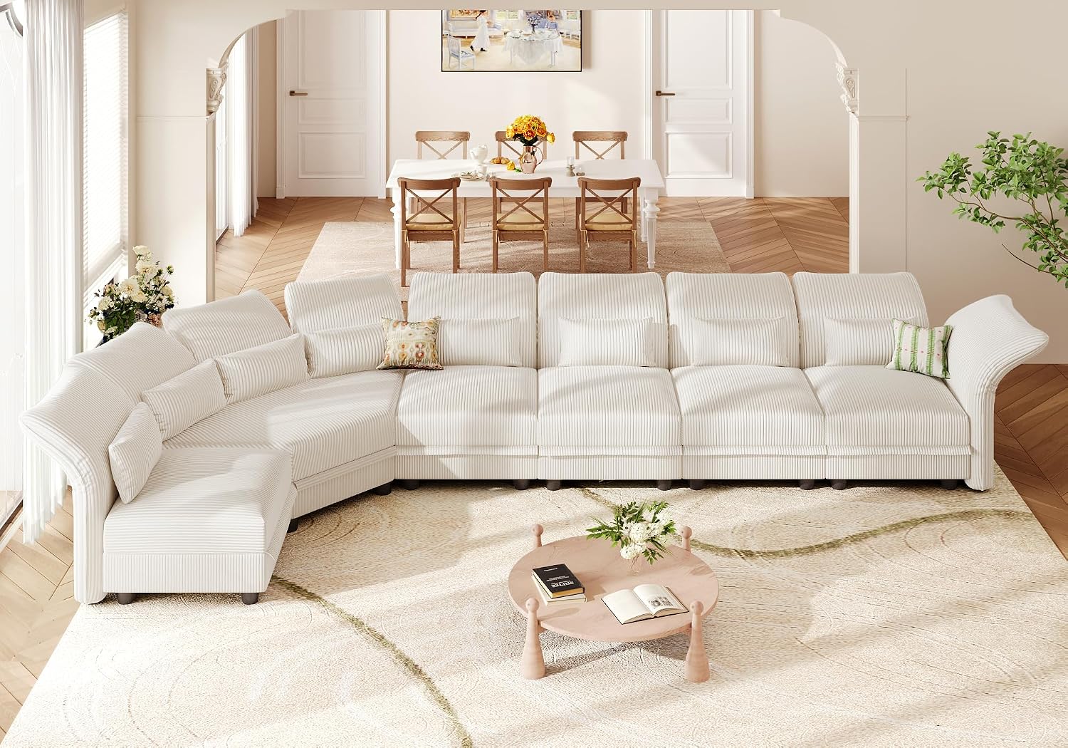 LLappuil L Shaped Curved Sectional Sofa with Storage & Extra Large Hexagon Seat, Beige Corduroy Modular Sectional Sofa for Living Room with Adjustable Arms & Backs, 6 Seat
