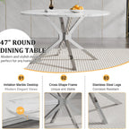 47.2" Round Dining Table Set for 4, White Faux Marble Kitchen Table & 4 Black Velvet Chairs with Silver Stainless Steel Legs, Luxury 5 Piece Round Dining Room Table Set for Kitchen Dining