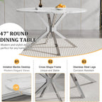 47.2" Round Dining Table Set for 4, White Faux Marble Kitchen Table & 4 Black Velvet Chairs with Silver Stainless Steel Legs, Luxury 5 Piece Round Dining Room Table Set for Kitchen Dining