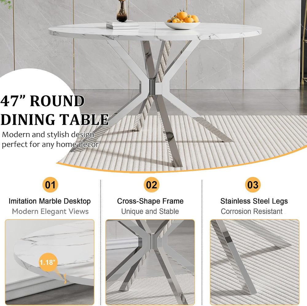 Round Faux Marble Dining Table for 4-6 Modern 47.2" Kitchen Table with S...