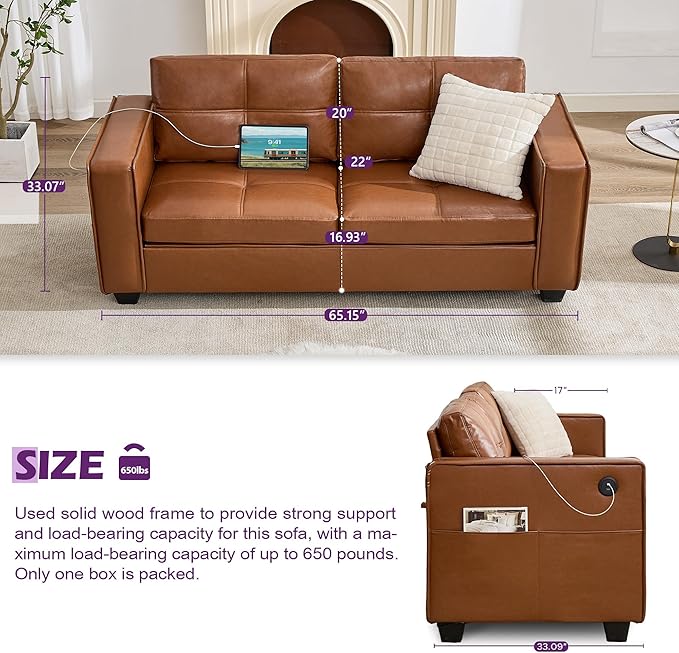 TYBOATLE 65" Faux Leather Sofa Couches for Living Room, Mid-Century Modern Tufted Comfy Loveseat w/USB Charging Ports and Wide Arms, 2 Seater Office Small Couch for Small Space Bedroom, Brown