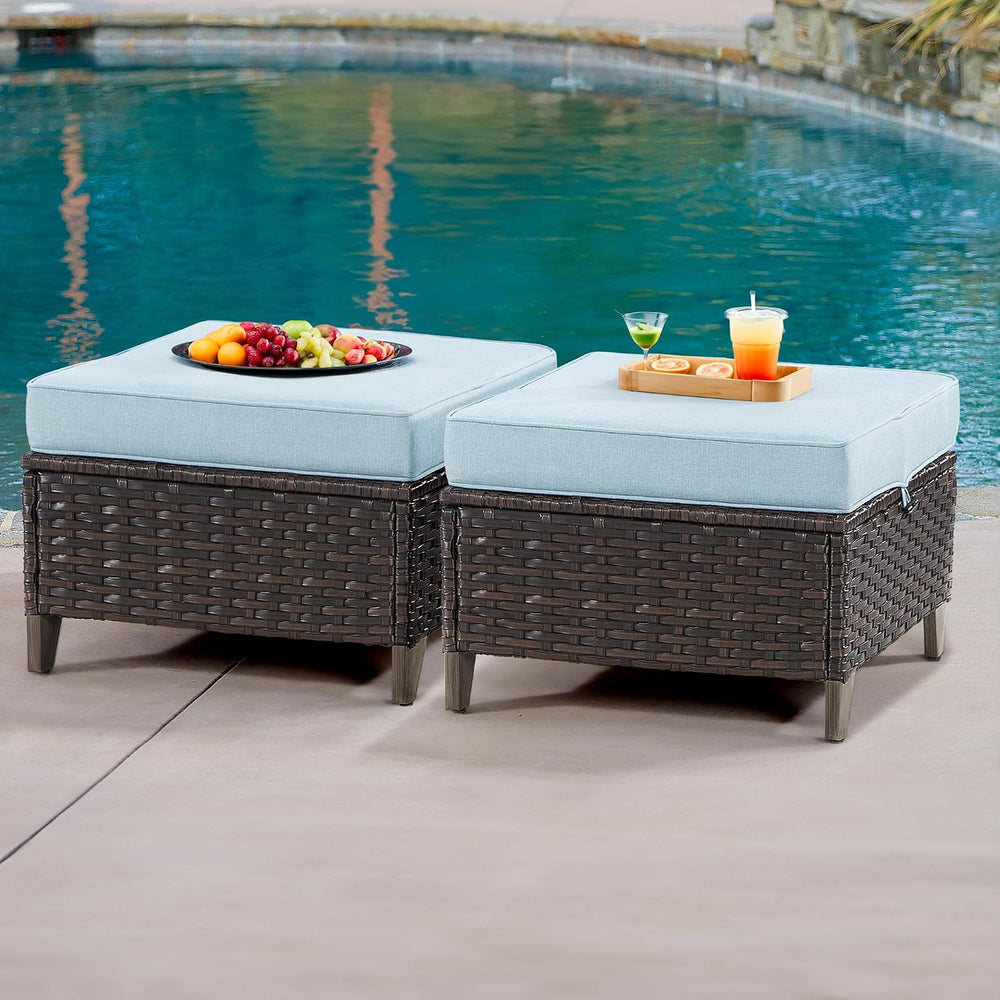 Patio Ottoman Set of 2, All Weather Outdoor Rattan Ottomans Patio Footstools ...