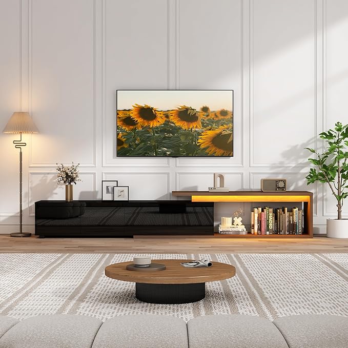 Extendable TV Stand with LED Light, Modern Entertainment Center for up to 120 Inch TV, Wood TV Media Console with 2 Drawers & 2 Cabinets for Living Room Bedroom, 75"-110", High Gloss Black & Walnut