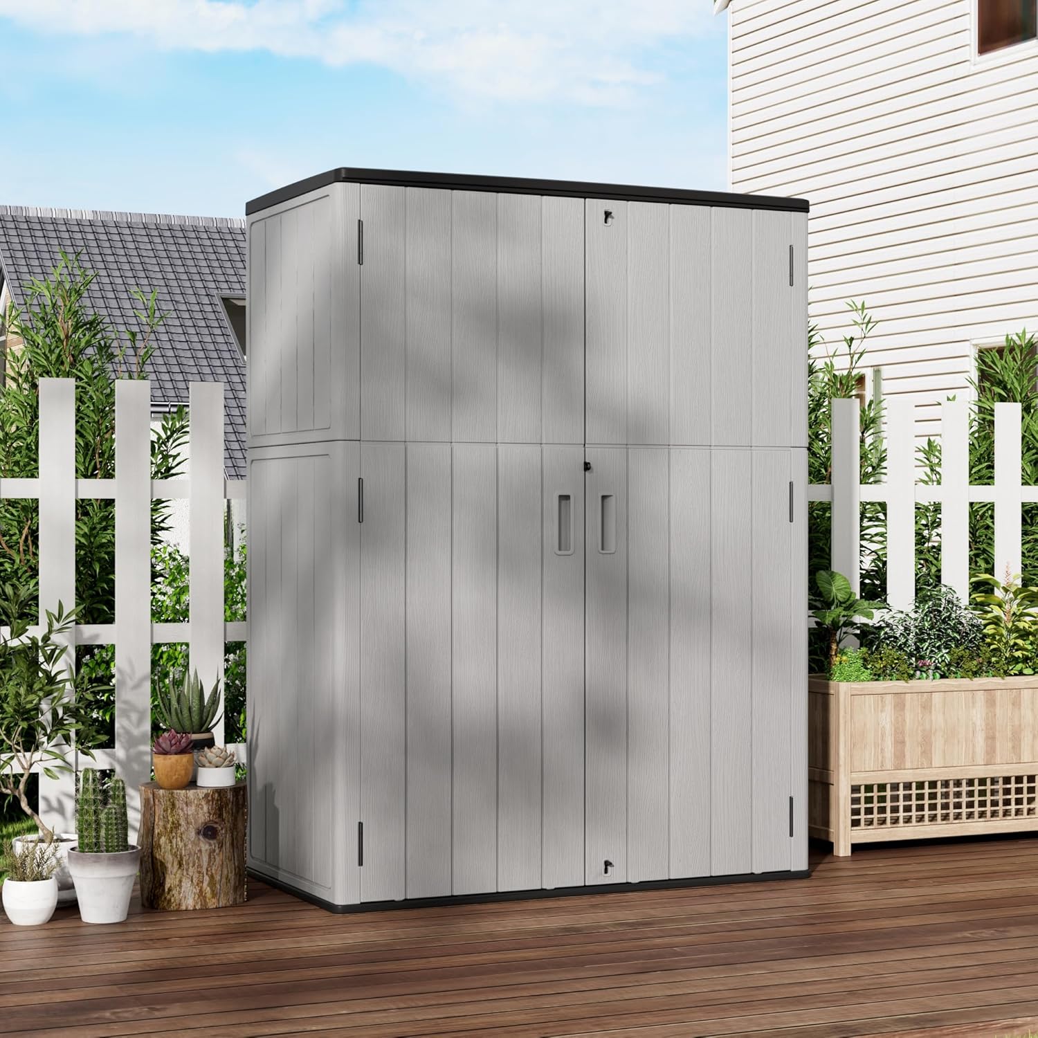 Vertical Storage Sheds with Floor, Sheds & Outdoor Storage Cabinet Waterproof for Garage Storage, Pool Storage, Bike Shed, Garden Shed 57Cu.ft Light Gray
