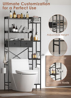 Over The Toilet Storage Rack, 7-Tier Over Toilet Bathroom Organizer with Adjustable Shelf, Above Toilet Storage Cabinet with Hooks, Space-Saving, Brown Shelf