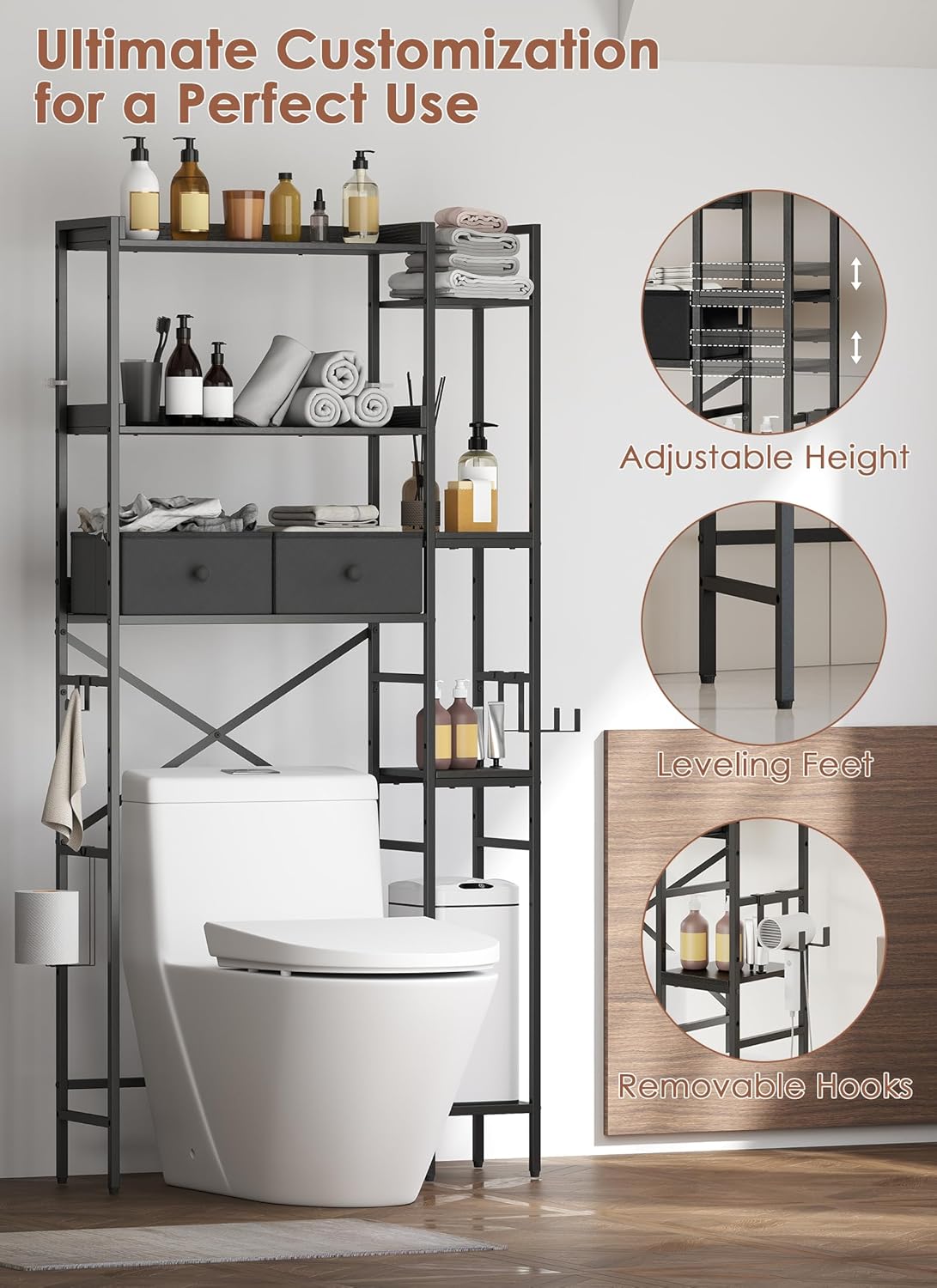 Over The Toilet Storage Rack, 7-Tier Over Toilet Bathroom Organizer with Adjustable Shelf, Above Toilet Storage Cabinet with Hooks, Space-Saving, Brown Shelf