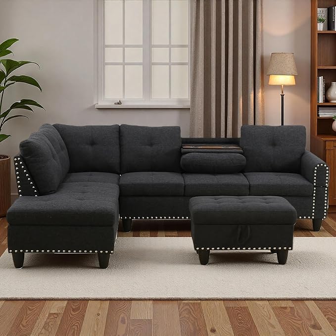 3-Piece L-Shaped Modular Sofa – Convertible Sectional Couch with Movable Chaise & Storage Ottoman, Multi-Scene Use for Living Room, Apartment & Office, Black Grey
