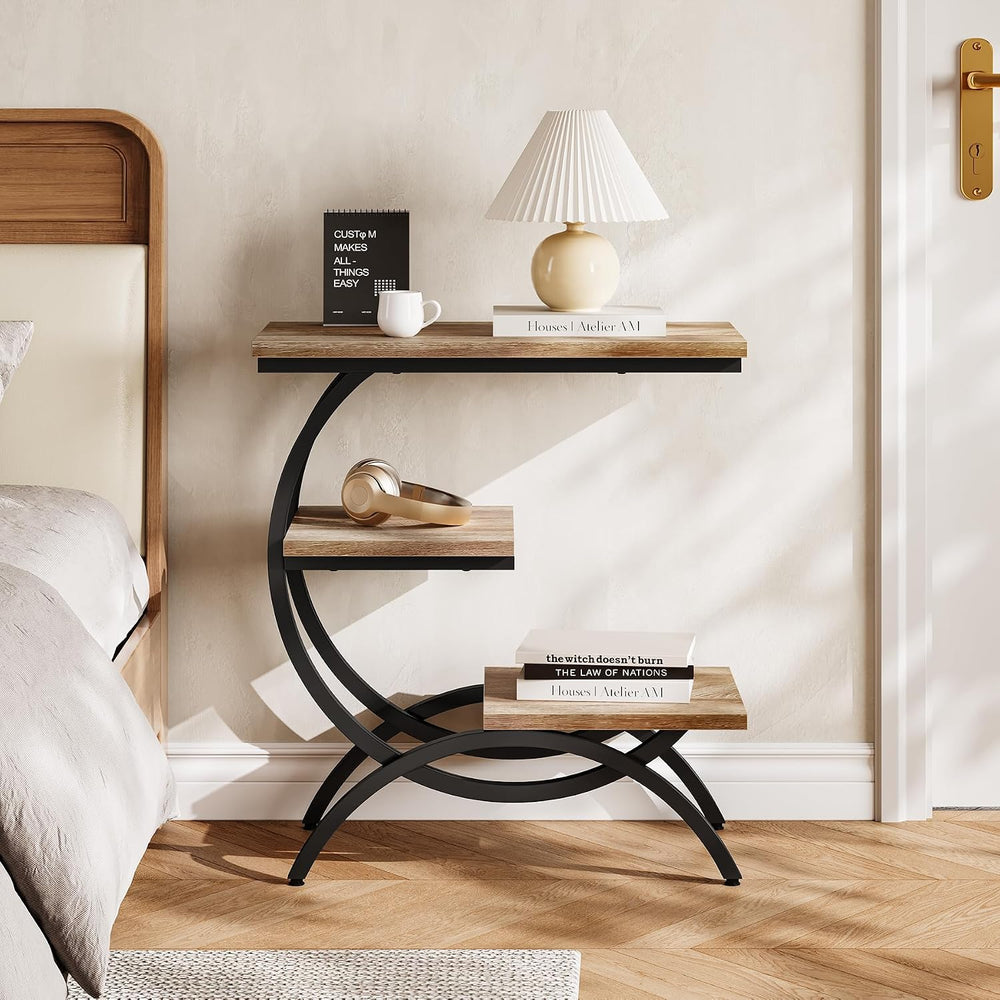 LITTLE TREE End Table, Narrow End Table with 3 Storage Shelves, Industrial C-...