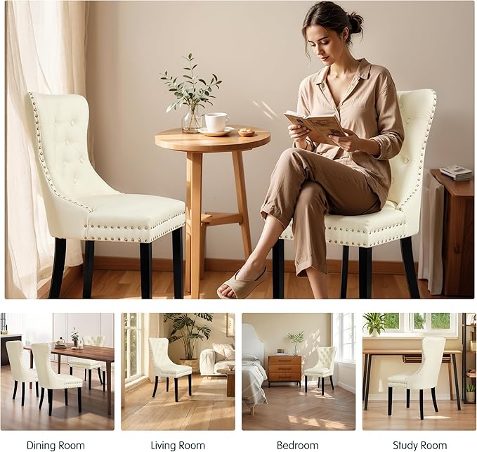 SyMax Dining Chairs Set of 4, Faux Leather Parson Dining Room Chairs, High-End Tufted Kitchen Side Chairs for Bedroom, Living Room, White