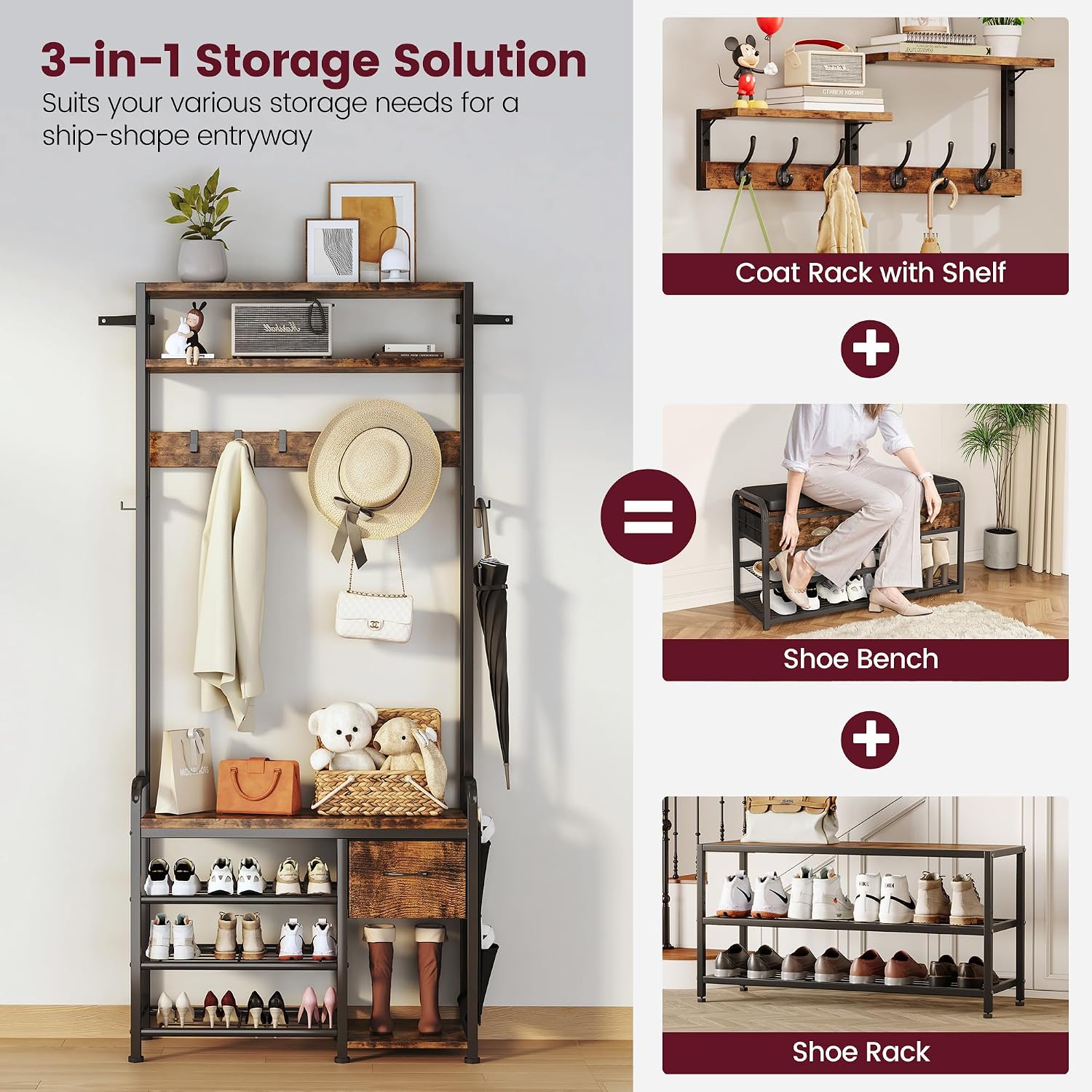 Homeiju Hall Tree with Bench and Shoe Storage, 3-in-1 Entryway Organizer with 6+2 Hooks, Coat Rack with Adjustable Feet for Stability, Mudroom Furniture with Storage Shelf