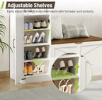 Shoe Cabinet with Bench, L-Shaped Shoe Bench, Storage Bench, Farmhouse Shoe Storage Cabinet with Adjustable Shelves, for Entryway, Living Room, and Stairwell, White and Walnut