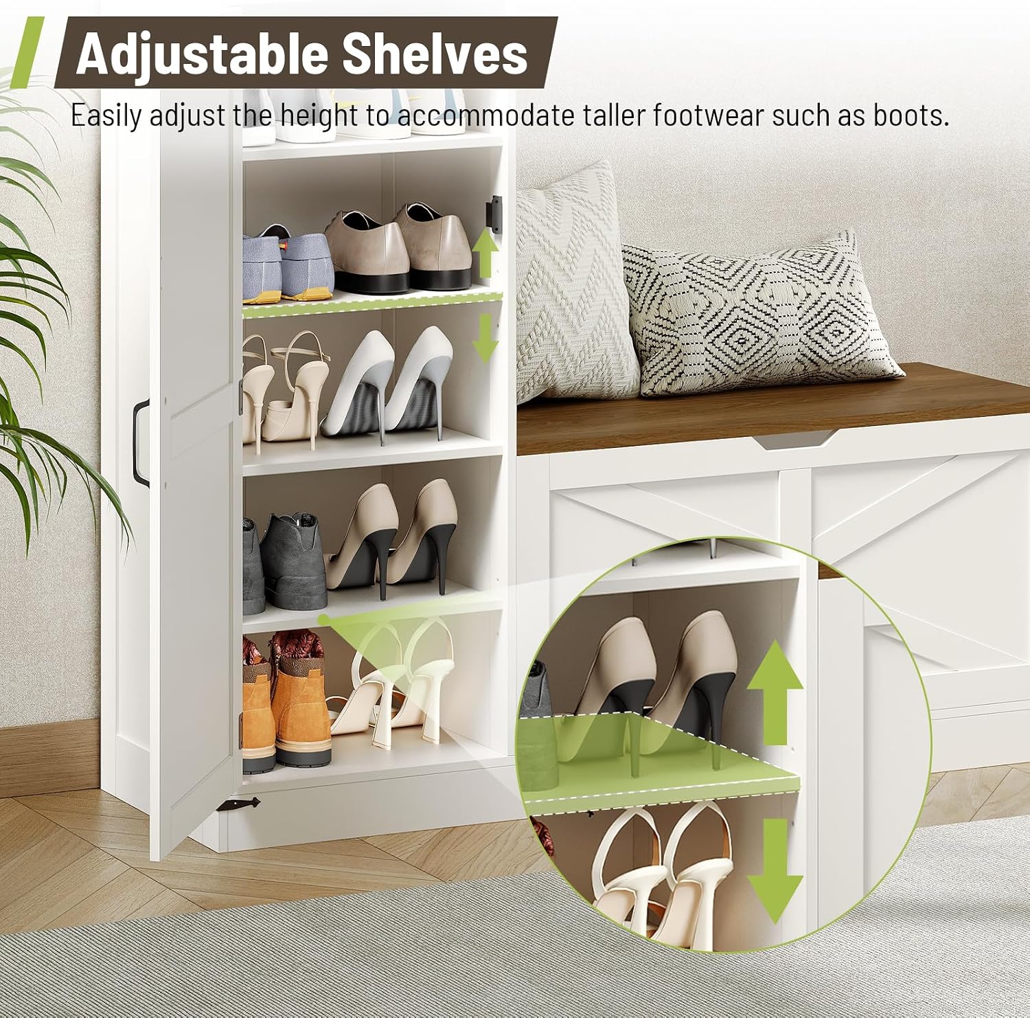 Shoe Cabinet with Bench, L-Shaped Shoe Bench, Storage Bench, Farmhouse Shoe Storage Cabinet with Adjustable Shelves, for Entryway, Living Room, and Stairwell, White and Walnut
