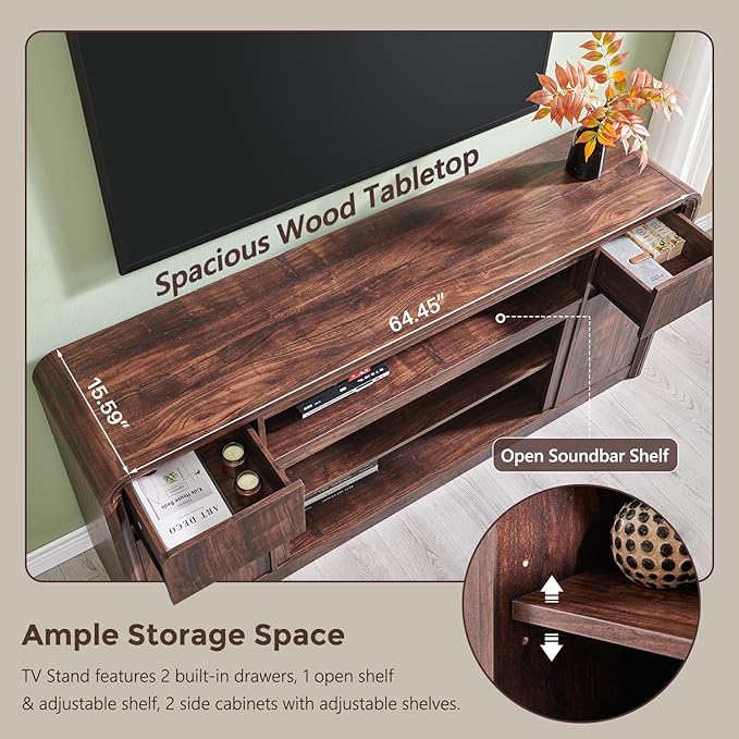 Modern TV Stand for 80 Inch TVs, 32"Tall Entertainment Center w/Storage Cabinet& drawers, Media Console Cabinet w/Soundbar & Adjustable Shelves for Living Room, Curved Profile Design, 70 inch (Brown)