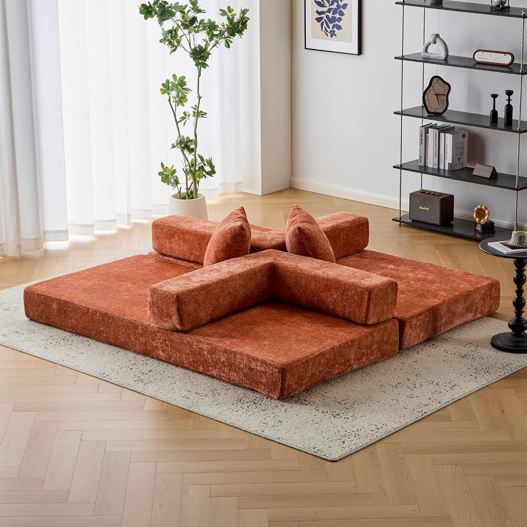 ZEIINPA Convertible Floor Sofa Bed with Fixed-Shape Frame, Modular Chenille Folding Mattress Couch with Armrest, Floor Sofa Lounge Couch for Living Room Bedroom Lounge Studio,Burnt Orange