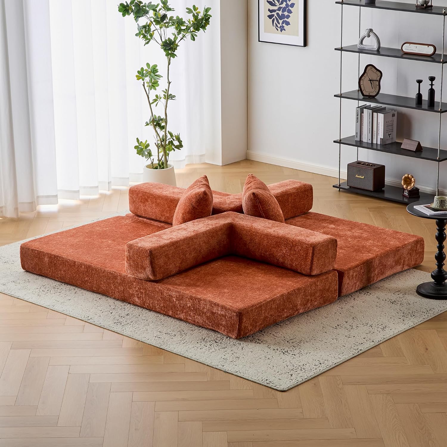 ZEIINPA Convertible Floor Sofa Bed with Fixed-Shape Frame, Modular Chenille Folding Mattress Couch with Armrest, Floor Sofa Lounge Couch for Living Room Bedroom Lounge Studio,Burnt Orange
