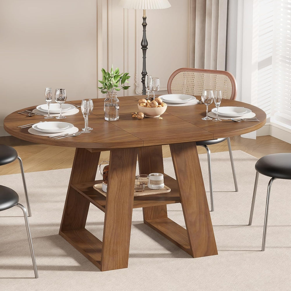 43.3in-59in Extendable Round Dining Table for 4-8, Modern Kitchen Oval Dining...
