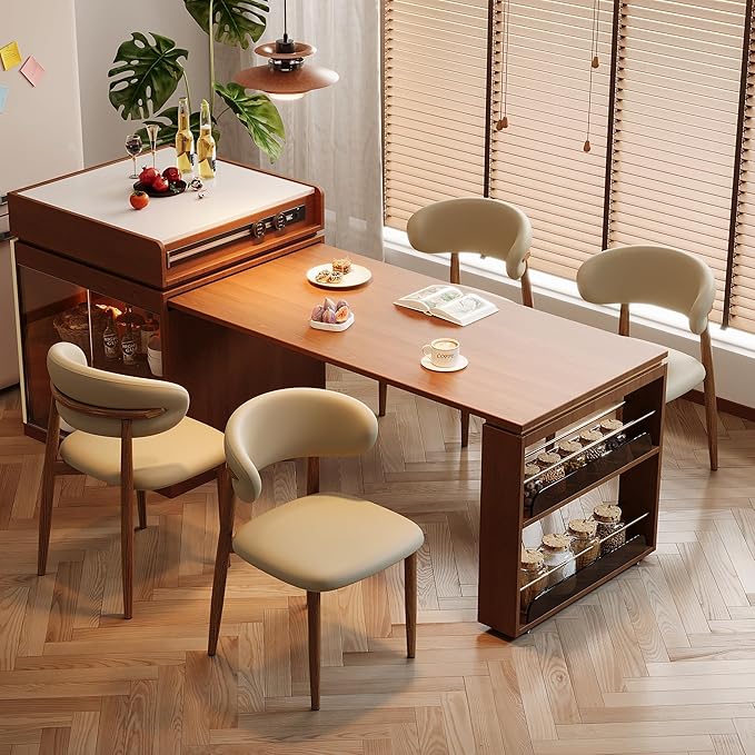 Dining Chairs Set of 4 for Kitchen Dining Table Mid Century Modern Farmhouse Upholstered Leather Dining Room Chairs with Metal Legs, Walnut Khaki