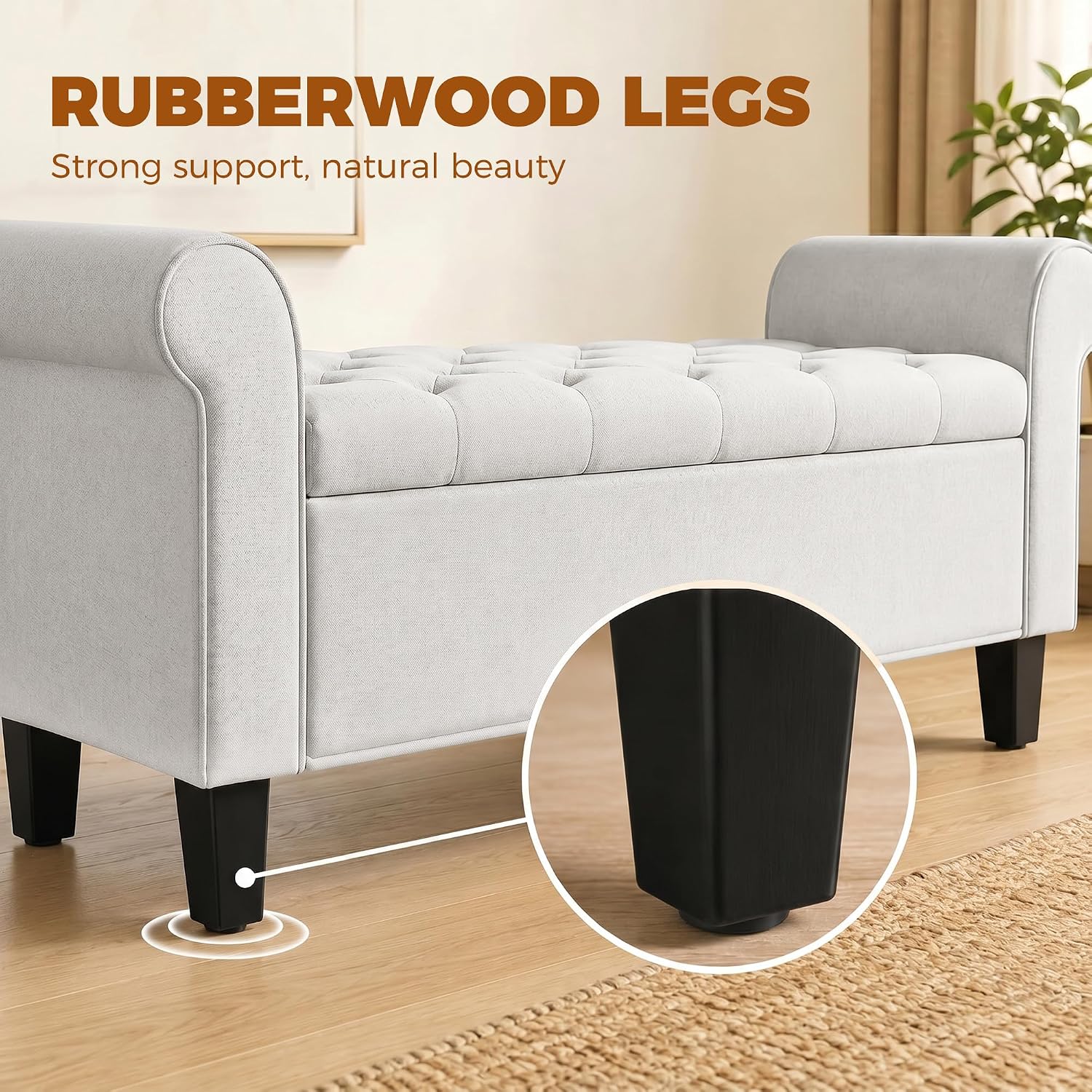 HOMCOM 47" Storage Ottoman End of Bed Bench with Rolled Arms Cream White | Long Ottoman with Storage Chest, Safety Hinge, Wooden Legs, Upholstered End of Bed Bench, Bedroom Entryway Living Room