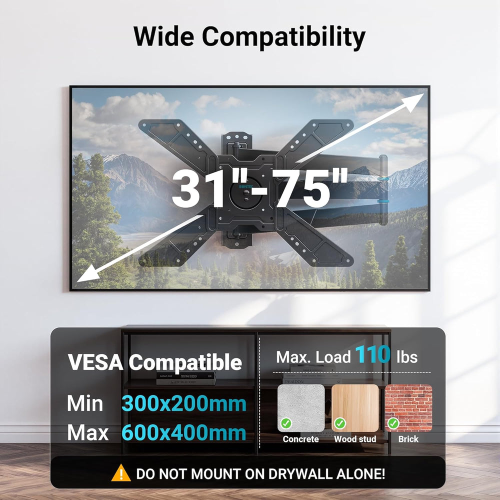 BONTEC Full Motion Corner TV Wall Mount for 31-75 Inch TVs, 33 in Long Arm Wa...