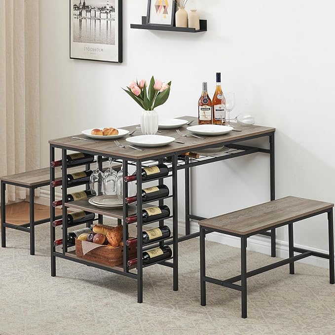 Dining Table Set for 4, Kitchen Table Set for 4 with 2 Benches, 3 Piece Dining Room Table Set for Small Space Apartment, Grey