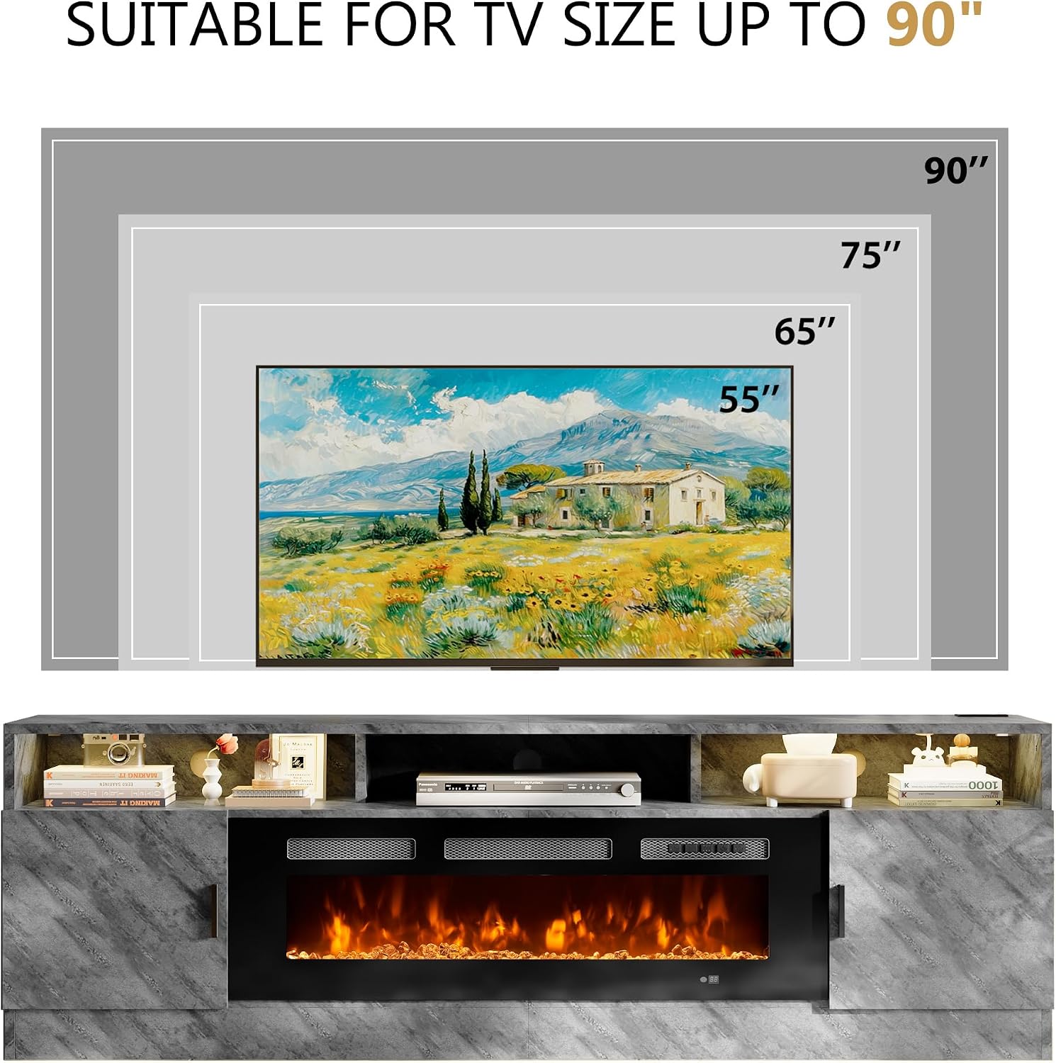80" Fireplace TV Stand with Power Outlet, Entertainment Center with 36" Fireplace for TVs Up to 90", Modern TV Console for Living Room with High Gloss Storage Cabinet & LED Lights, Gray-Black