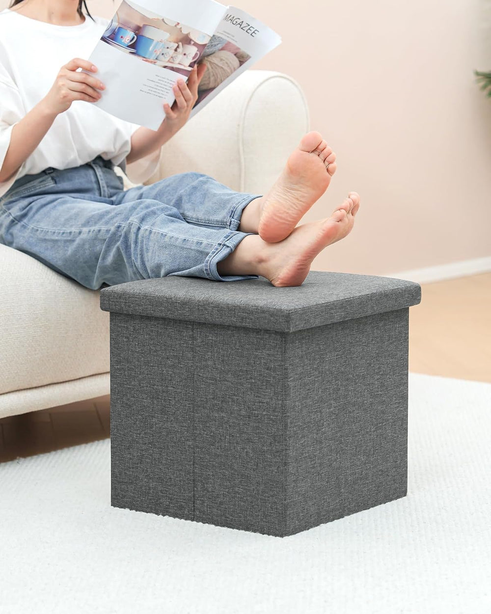 B FSOBEIIALEO Storage Ottoman with Tray, Linen Small Coffee Table Folding Foo...