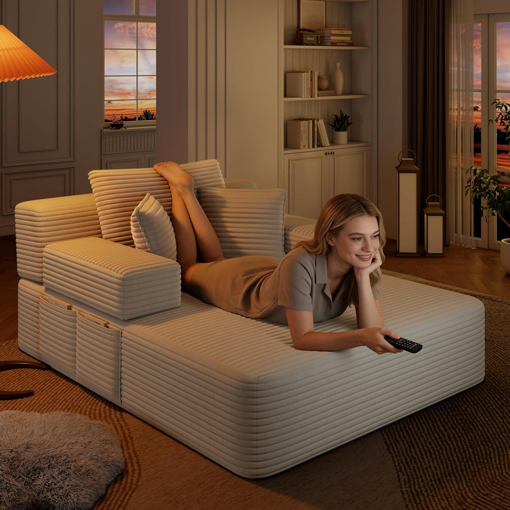 Oversized Chaise Lounge Chair Indoor, 60”,White | Corduroy Convertible Floor ...