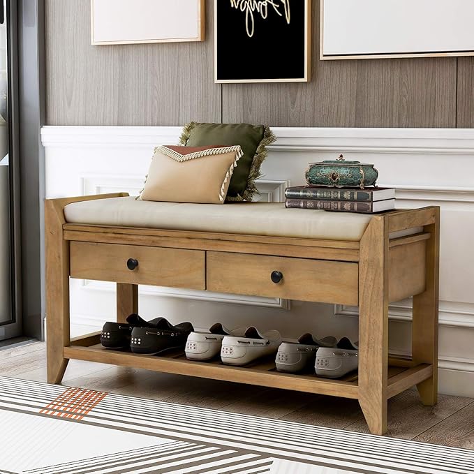 39″ Storage Bench with Cushioned Seat and Drawers,Multipurpose Wooden Entryway Ottoman,Hidden Compartment Organizing Shoe Rack,for Bedroom Hallway Porch,Old Pine