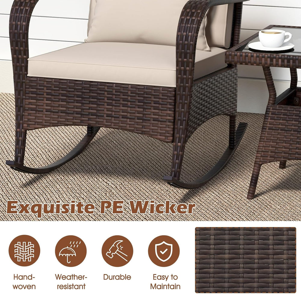 ORALNER 3 Pieces Outdoor Wicker Rocking Chair, Patio Furniture Set (Beige)