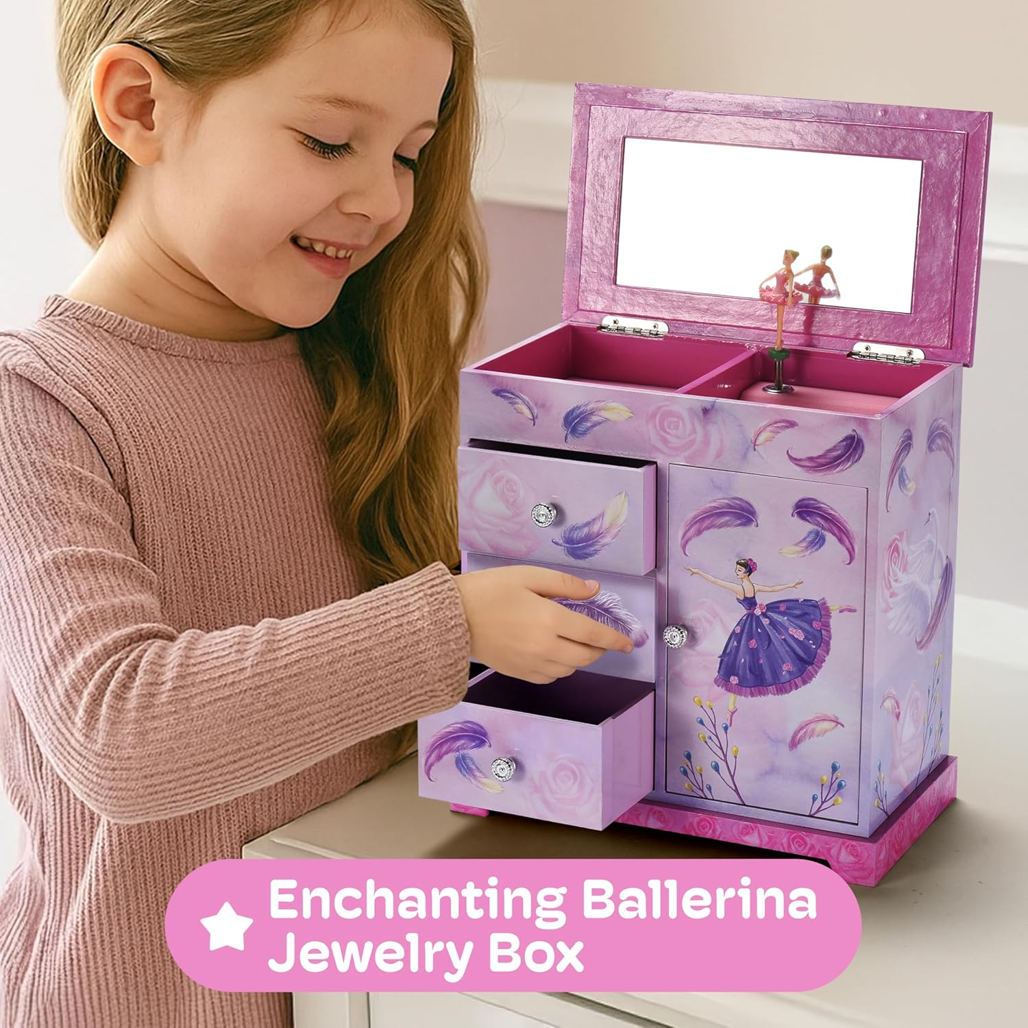 Jewelkeeper Pink and Purple Ballerina 3 Drawers Jewelry Box for Girls - Little Girl's Wooden Jewelry Box with Necklace Carousel - for Kids or Teen Necklaces and Accessories
