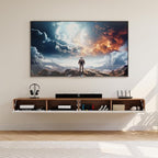 POVISON Fully-Assembled Minimalist Floating TV Stand, Modern Wall-Mounted Entertainment Center with 4 Flip-Down Cabinet Doors, Solid Wood, Walnut Veneer & White, 94"