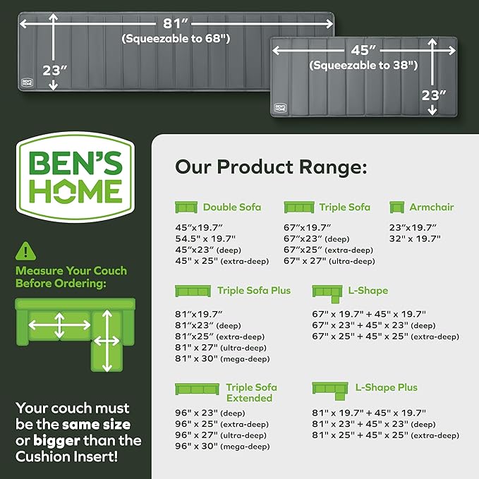 BEN'SHOME® Deep Sectional Couch Cushion Support for fix Sagging Seats - Heavy Duty Solid Wood Sofa Support Board | 81" x 23" + 45" x 23" Under Cushion Insert Set | Non-Slip | 400 LB Capacity Each