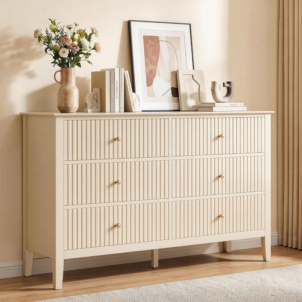 RoyalCraft Beige 6 Drawer Dresser, Fluted Modern Wood Chest of Drawers, Long ...