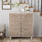 COSIEST Set of 2 32" Buffet Sideboard Cabinets with Vintage Firework Carved Pinewood Doors, Push-to-Open, Storage Accent Cabinet for Living Room, Kitchen, Hallway, Gray