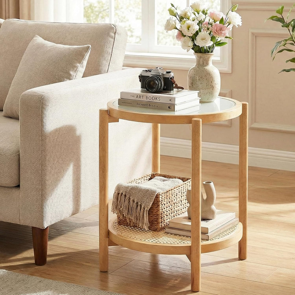 Giantex Rattan Round Side Table, 2-Tier Boho End Table w/Tempered Glass Top, ...