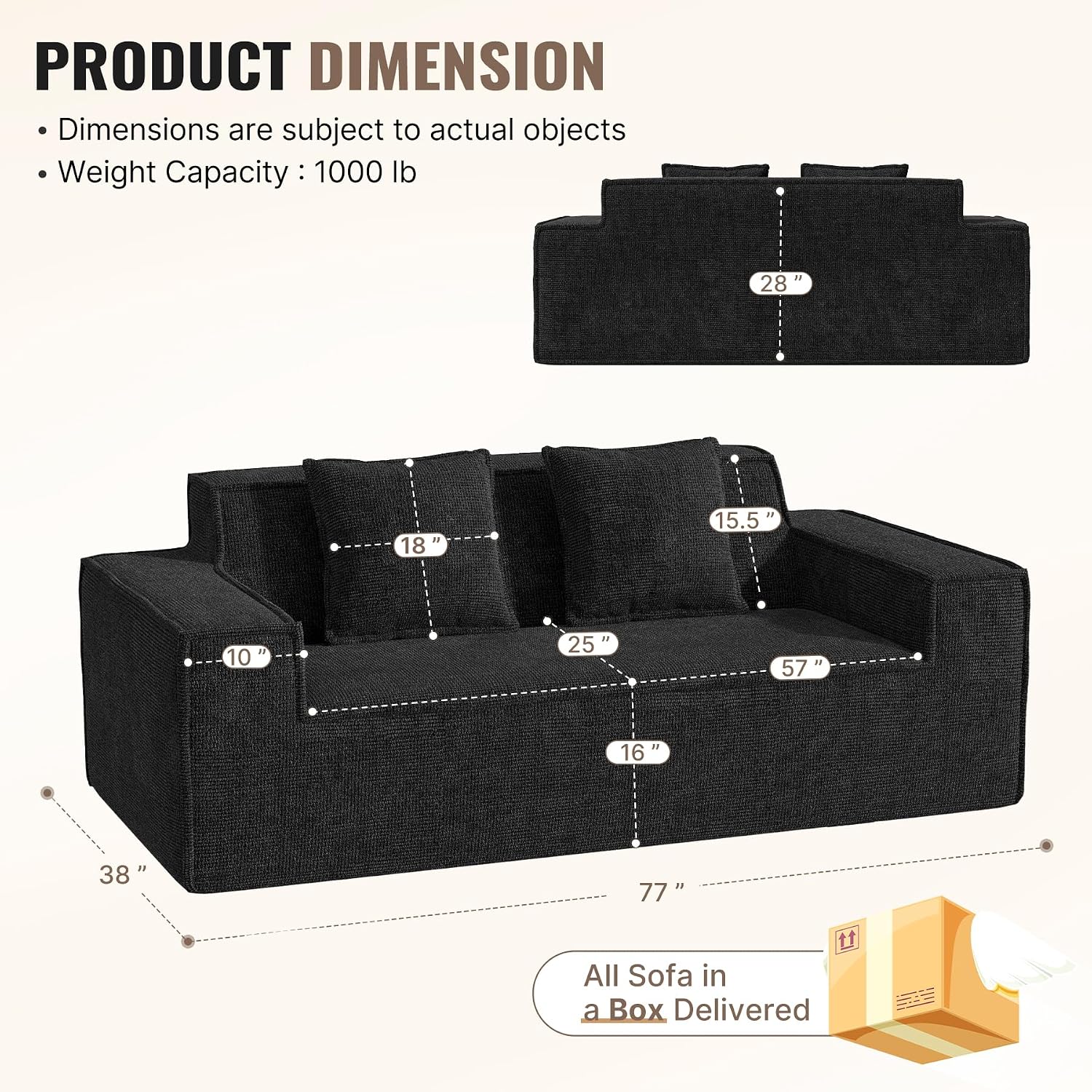 Luxanimarion 77'' Modern Small Cloud Loveseat Sofa, Boneless Love Seat | No Assembly Required Comfy Couches Includes 2 pcs Pillows for Living Room, Bedroom, Apartment, Polar Fleece Black